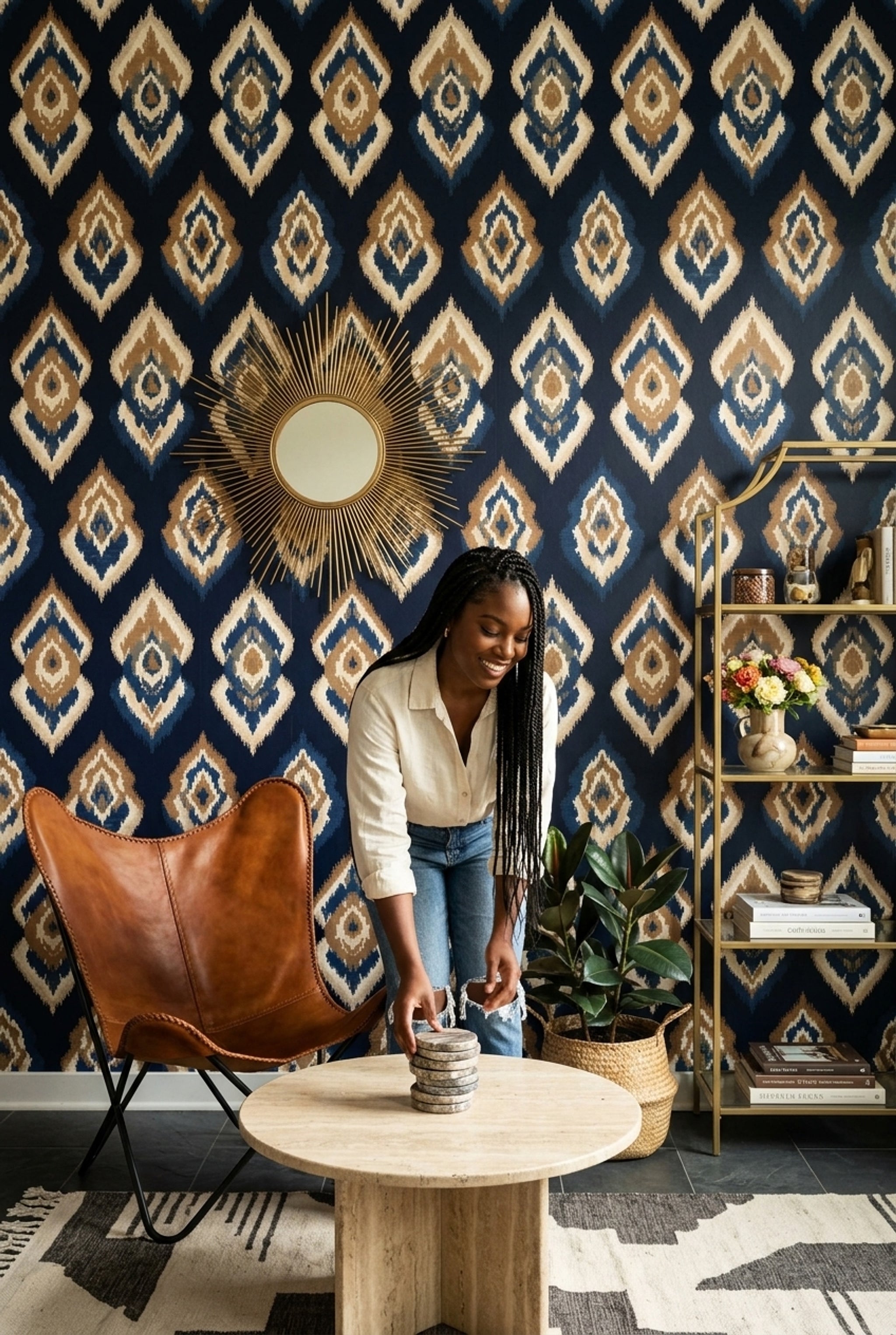 Ikat Wallpaper Geometric Medallion Removable Global Inspired Wall Double Roll
