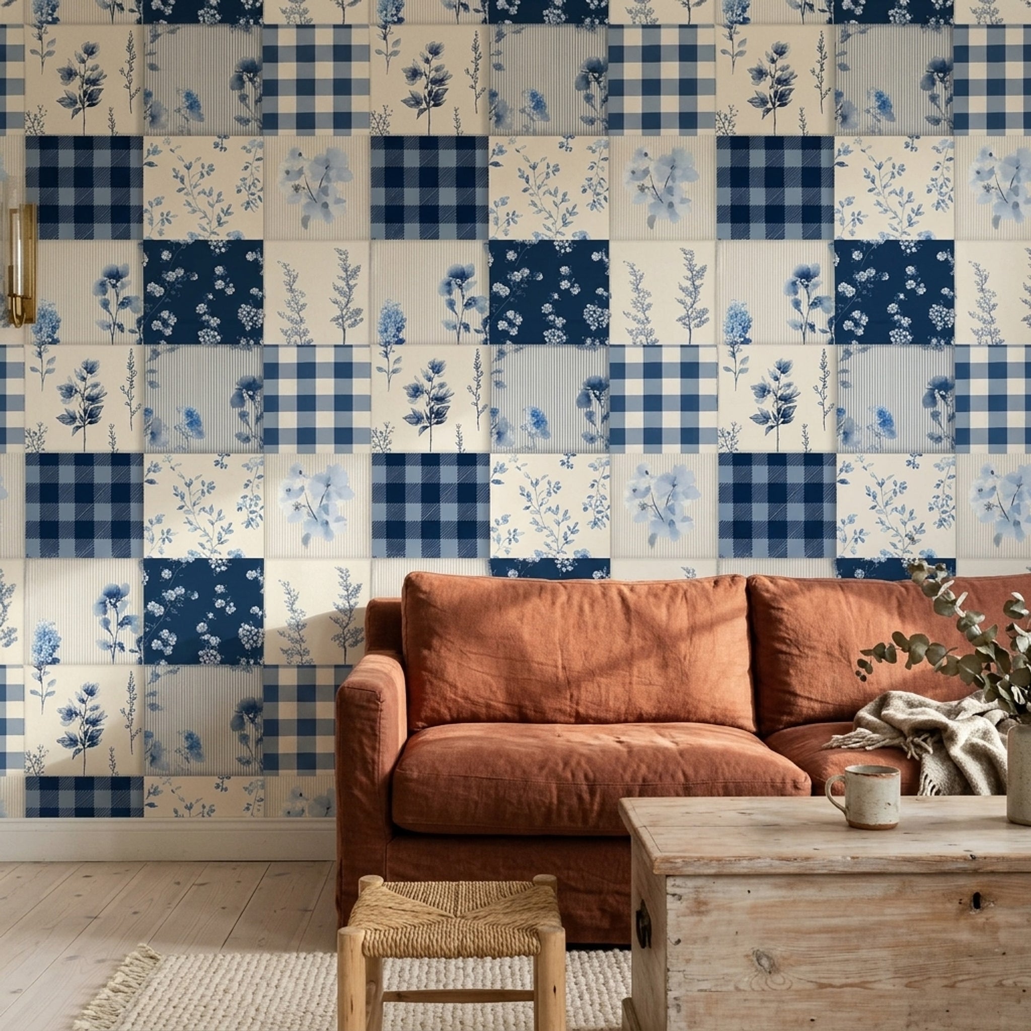Patchwork Quilt Wallpaper Gingham Check Floral Botanical Removable Wall Decor