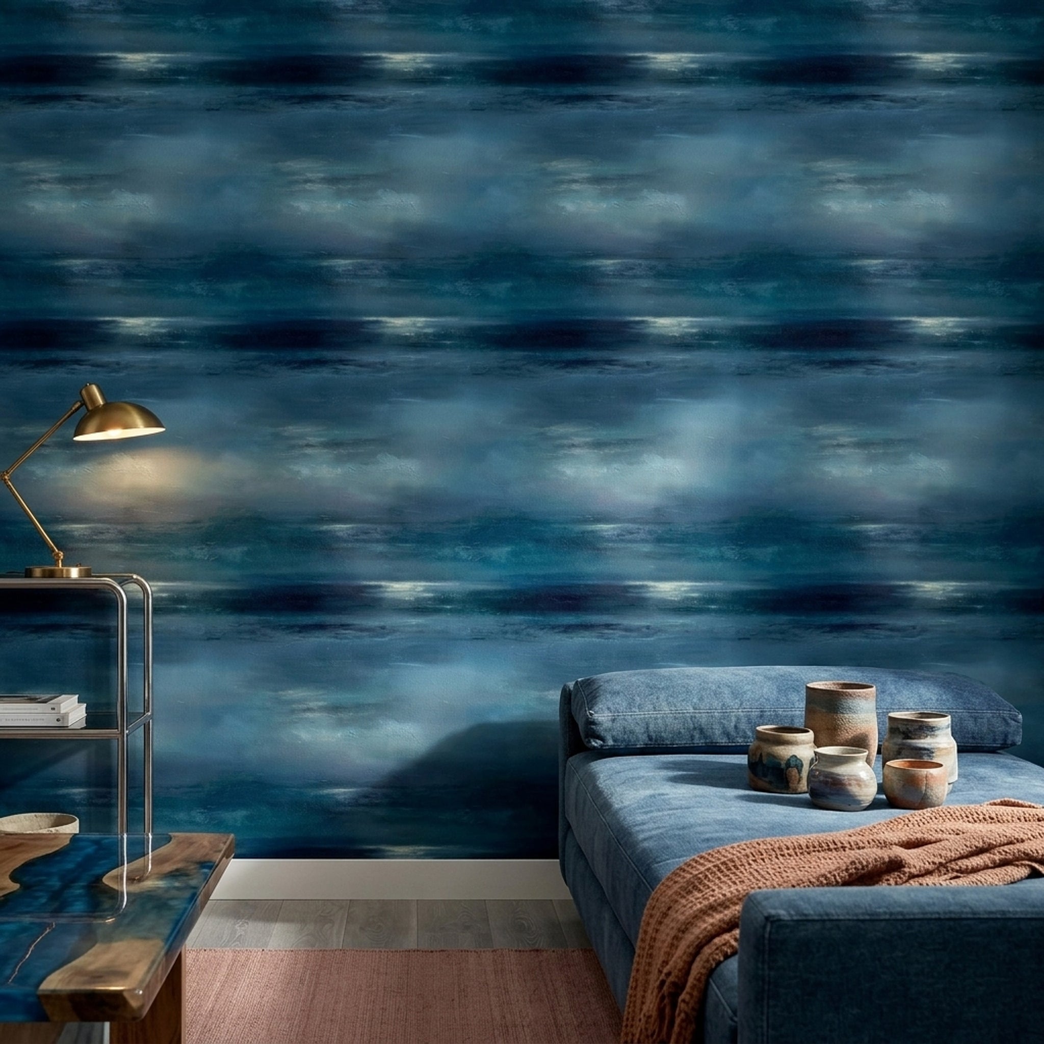 Abstract Seascape Wallpaper Dark Blue Ombre Gradient Decorative Mural