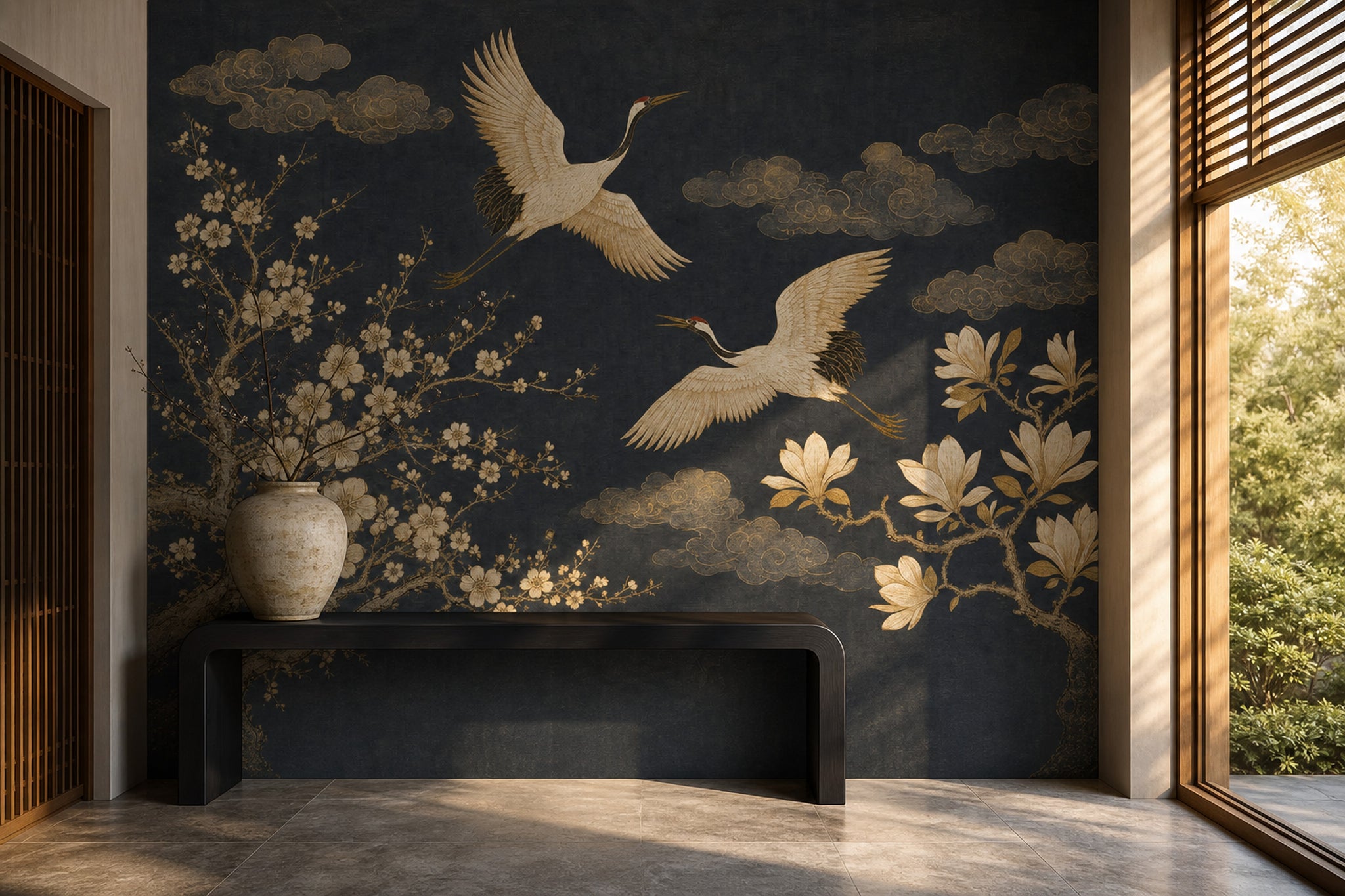 Cranes Wallpaper Gold Line Art Vintage Mural Wall Mural