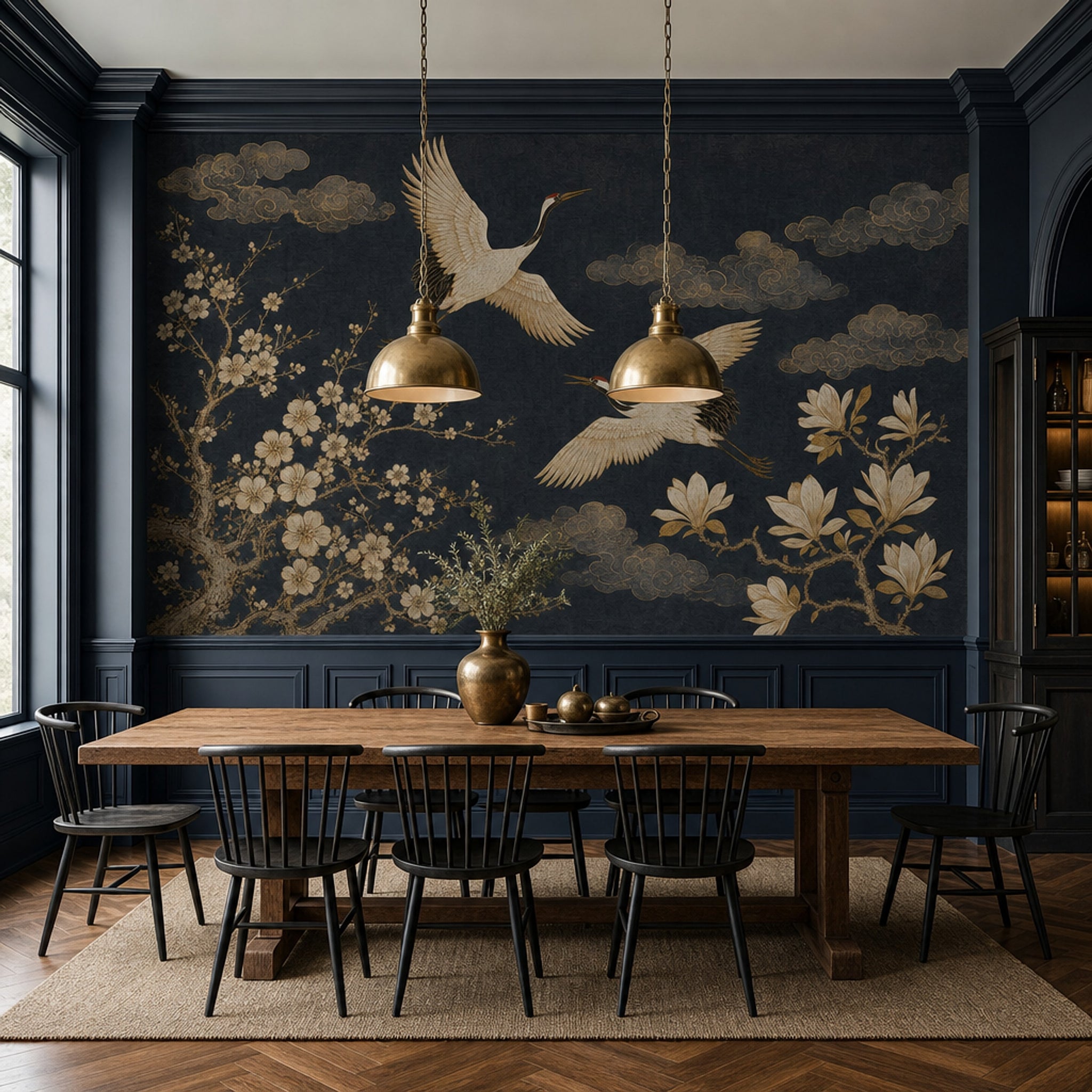 Cranes Wallpaper Gold Line Art Vintage Mural Wall Mural