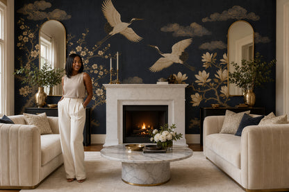 Cranes Wallpaper Gold Line Art Vintage Mural Wall Mural