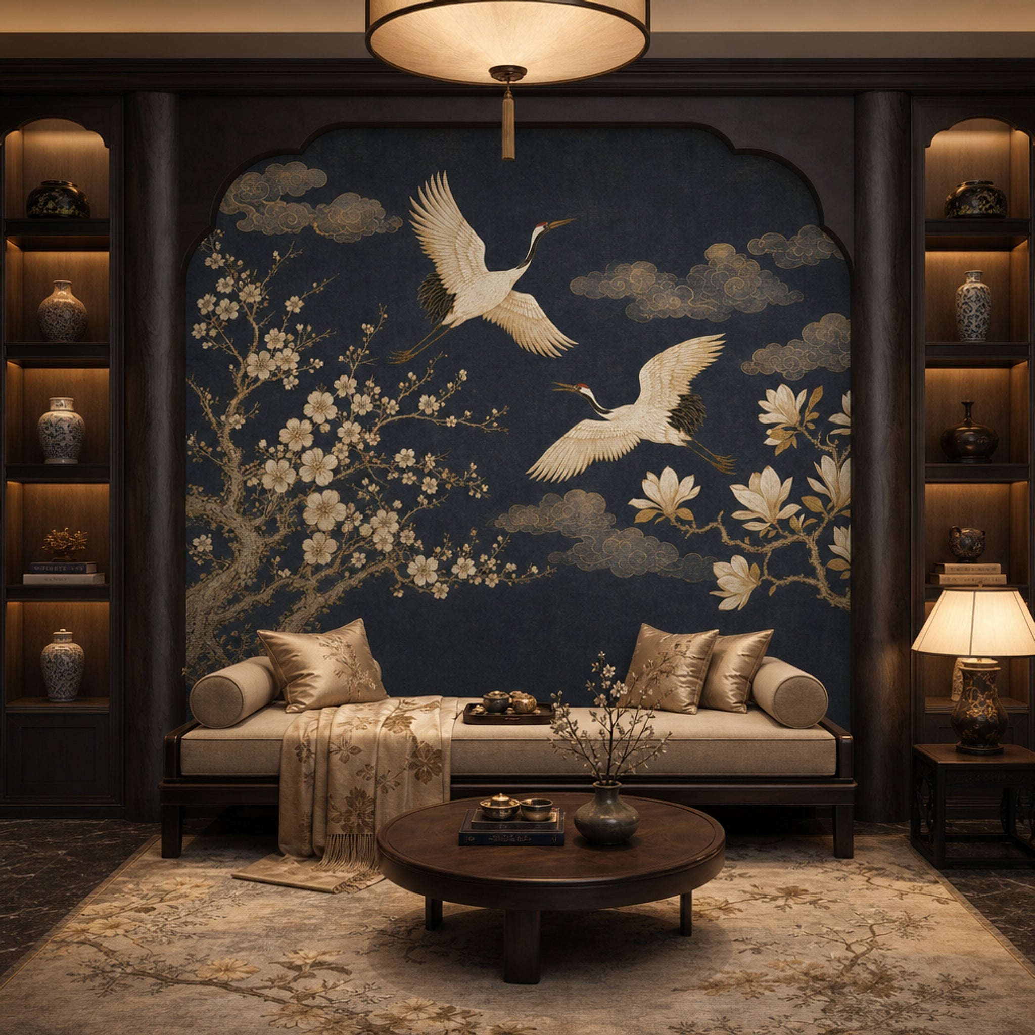 Cranes Wallpaper Gold Line Art Vintage Mural Wall Mural