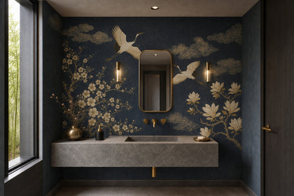 Cranes Wallpaper Gold Line Art Vintage Mural Wall Mural