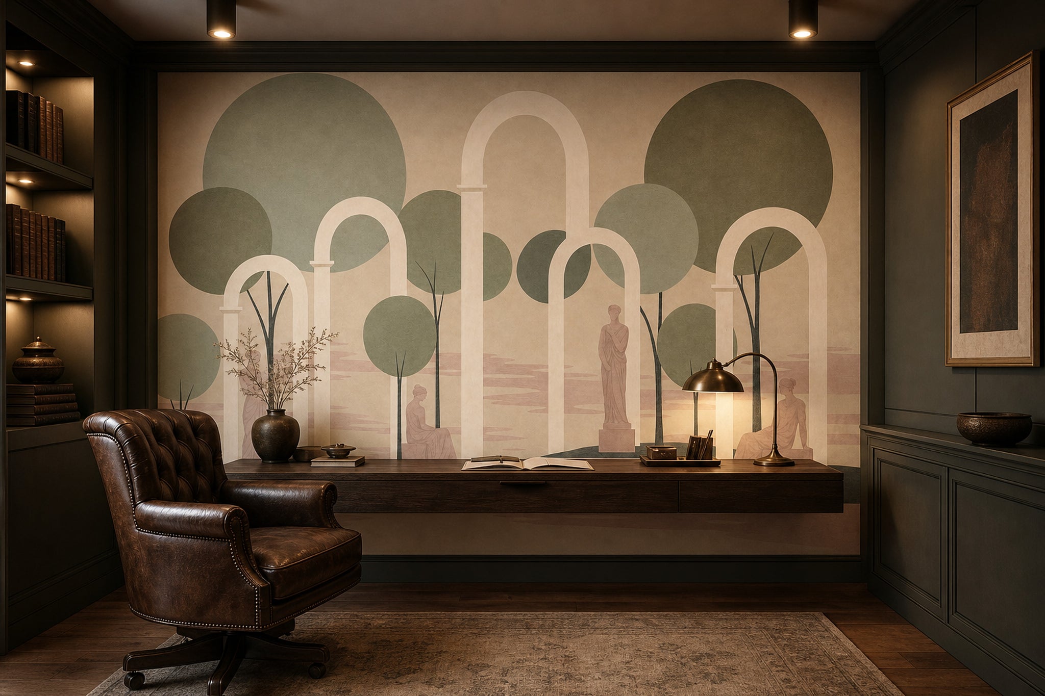 Muted Green Wallpaper Classical Arch Sculptural Removable Wall Decor