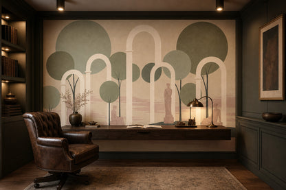 Muted Green Wallpaper Classical Arch Sculptural Removable Wall Decor