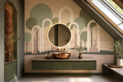Muted Green Wallpaper Classical Arch Sculptural Removable Wall Decor