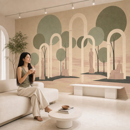 Muted Green Wallpaper Classical Arch Sculptural Removable Wall Decor