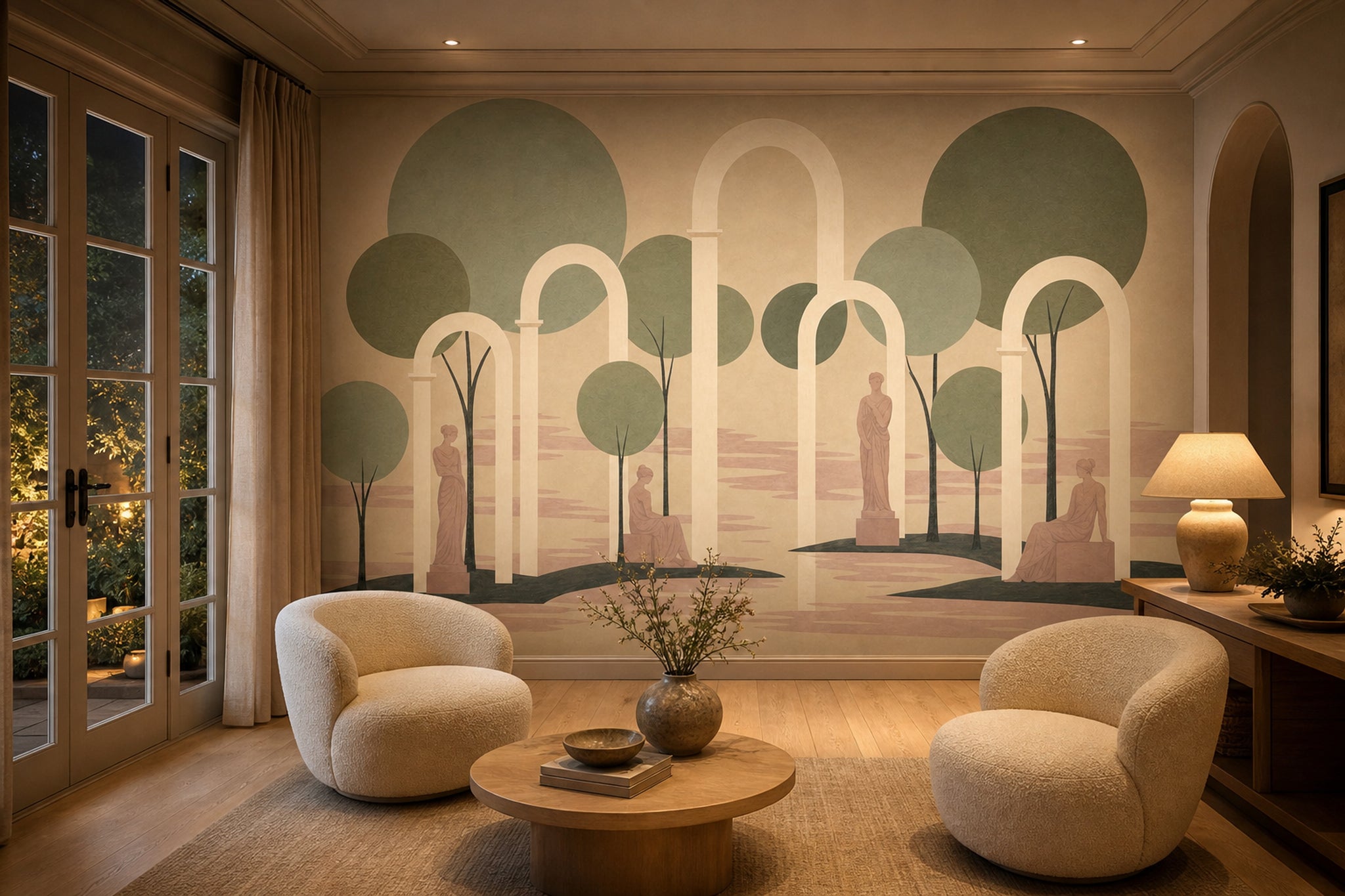 Muted Green Wallpaper Classical Arch Sculptural Removable Wall Decor