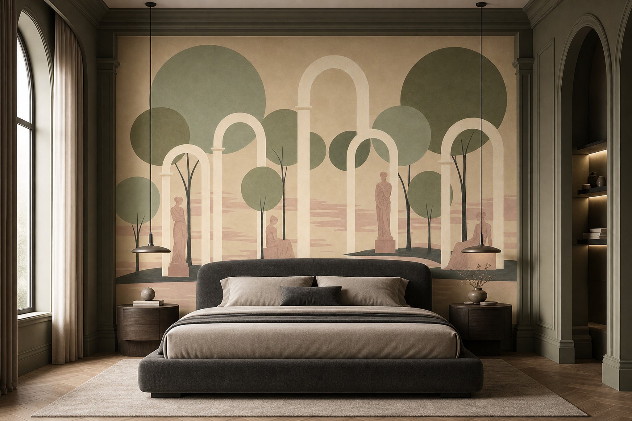 Muted Green Wallpaper Classical Arch Sculptural Removable Wall Decor