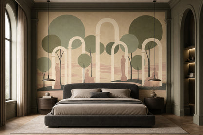 Muted Green Wallpaper Classical Arch Sculptural Removable Wall Decor