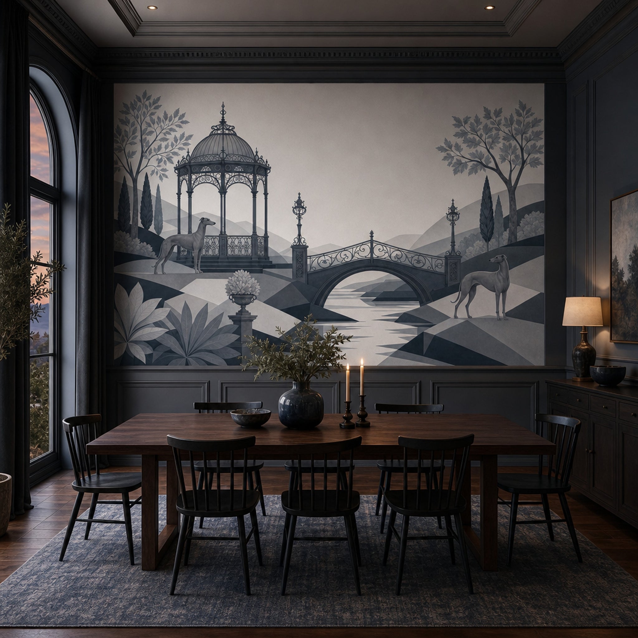 Ornate Gazebo Wallpaper Arched Bridge Greyhound Dogs Wall Mural