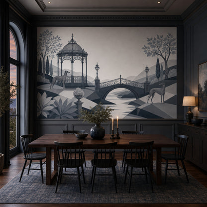 Ornate Gazebo Wallpaper Arched Bridge Greyhound Dogs Wall Mural