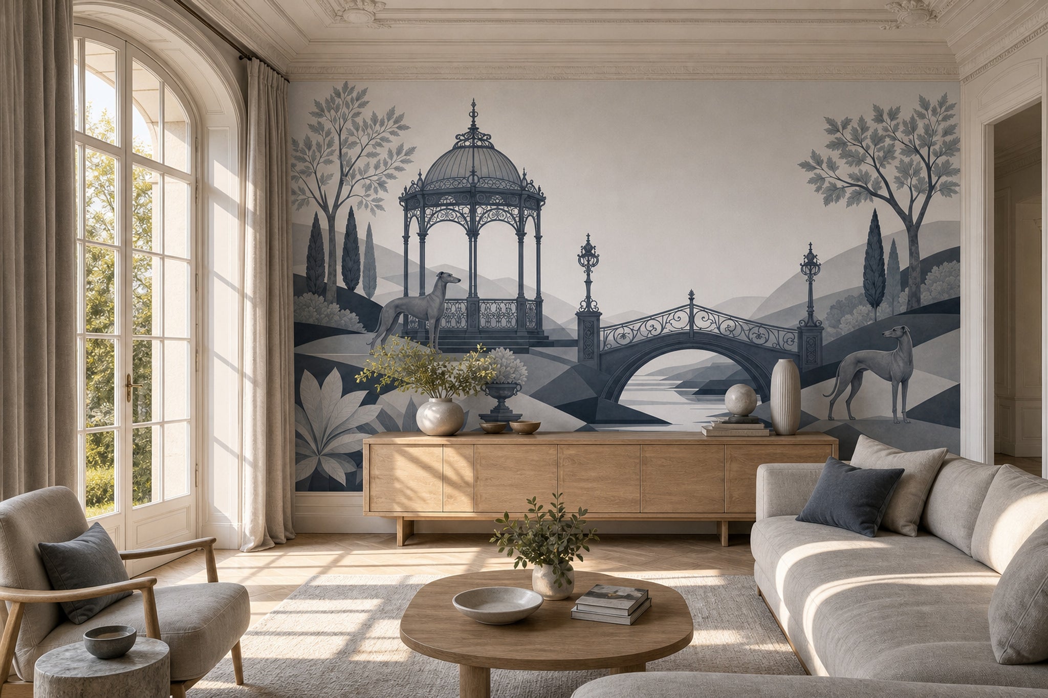 Ornate Gazebo Wallpaper Arched Bridge Greyhound Dogs Wall Mural