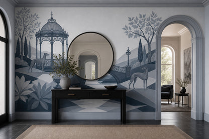 Ornate Gazebo Wallpaper Arched Bridge Greyhound Dogs Wall Mural