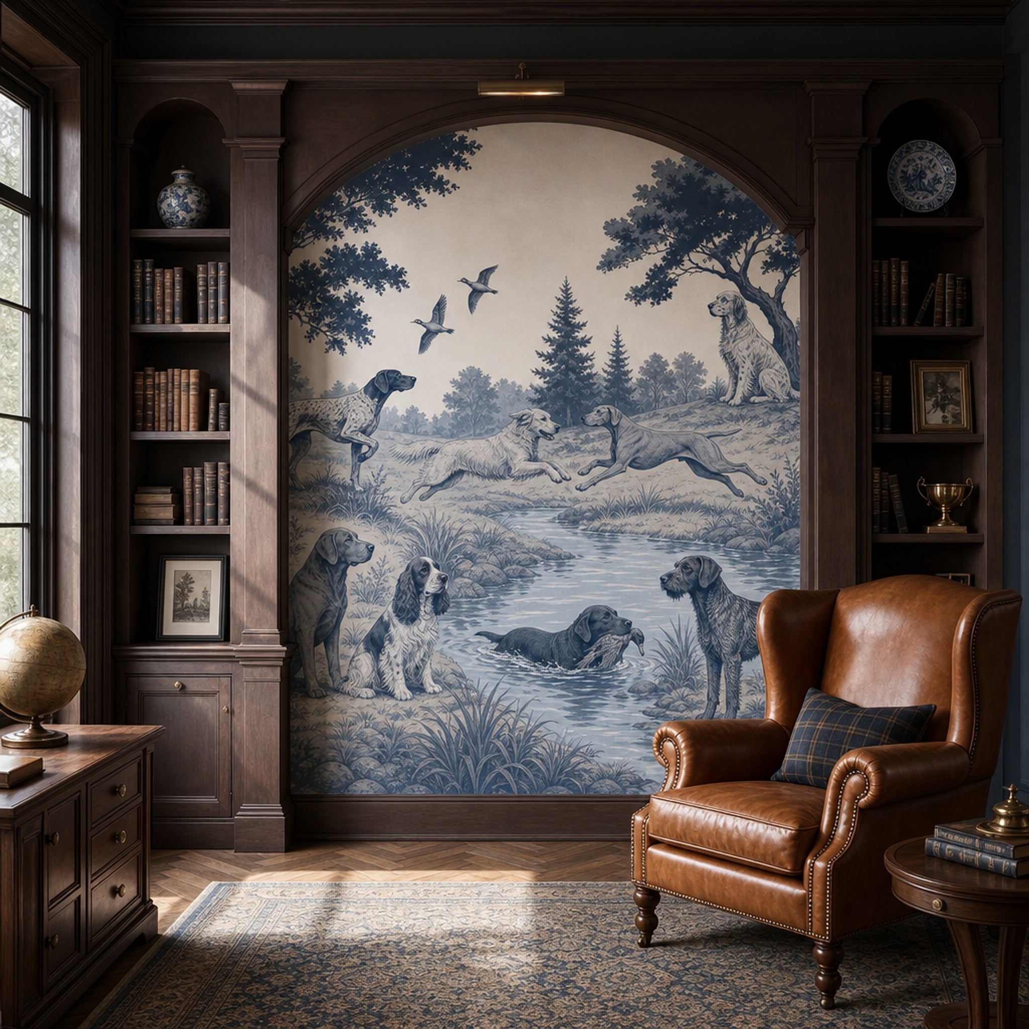 Blue Toile Wallpaper Hunting Dogs Country Landscape Removable Wall Decor