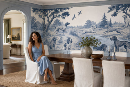 Blue Toile Wallpaper Hunting Dogs Country Landscape Removable Wall Decor
