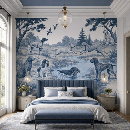 Blue Toile Wallpaper Hunting Dogs Country Landscape Removable Wall Decor