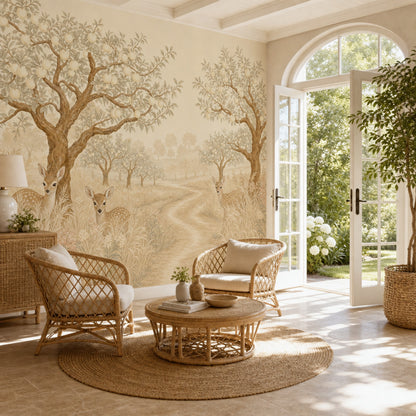 Pastoral Landscape Wallpaper Orchard Trees Fawns Removable Wall Decor