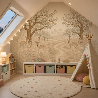 Pastoral Landscape Wallpaper Orchard Trees Fawns Removable Wall Decor