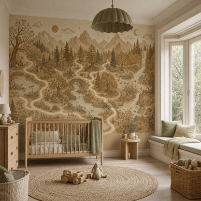 Vintage Woodland Landscape Wallpaper Sepia Beige Toile Mountains And Forest Wall Mural