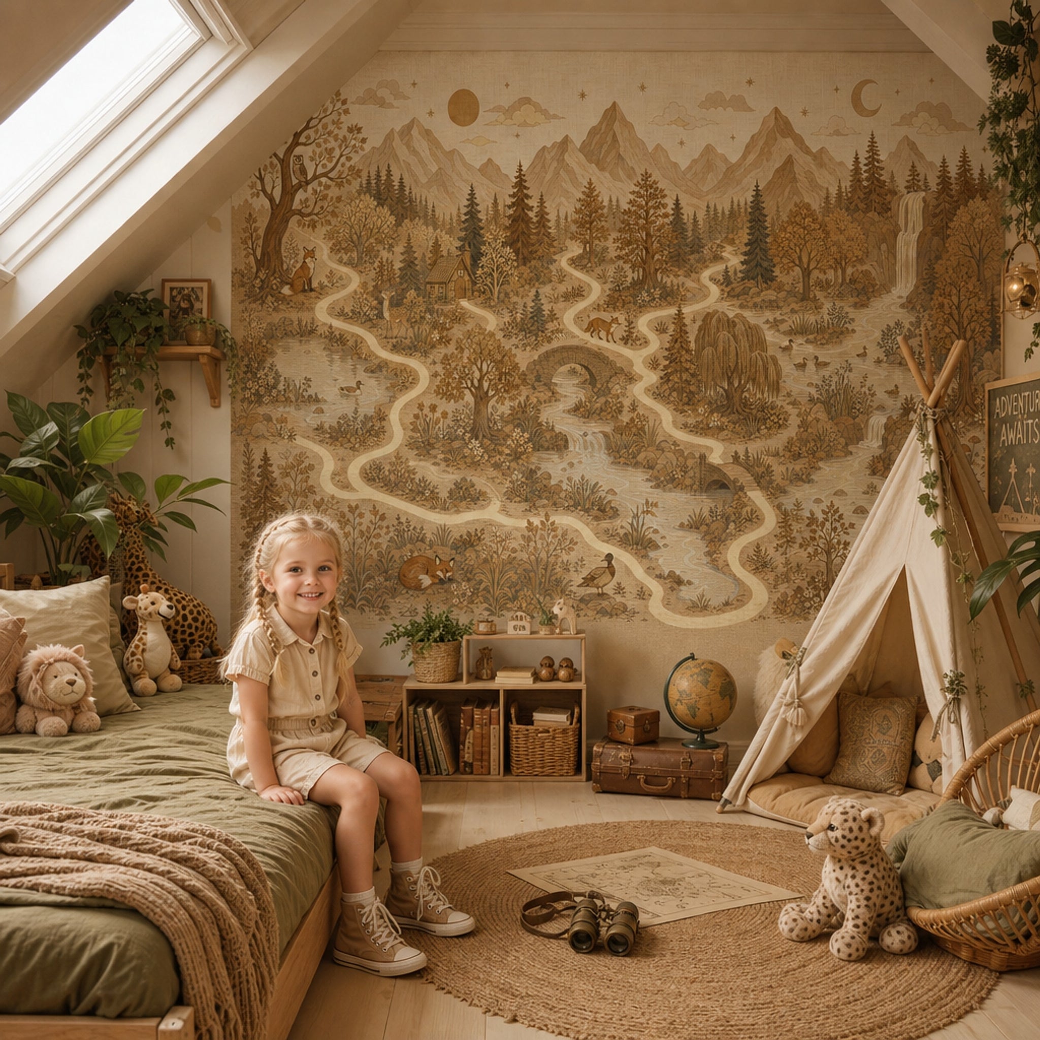 Vintage Woodland Landscape Wallpaper Sepia Beige Toile Mountains And Forest Wall Mural