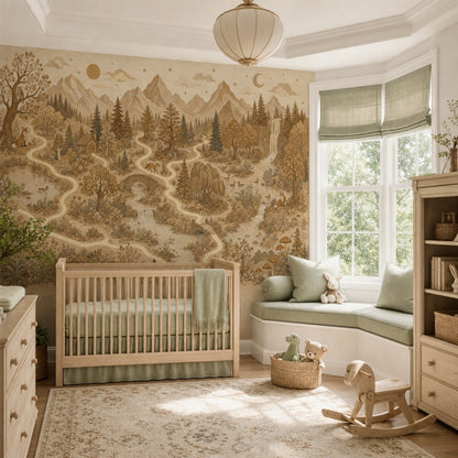 Vintage Woodland Landscape Wallpaper Sepia Beige Toile Mountains And Forest Wall Mural
