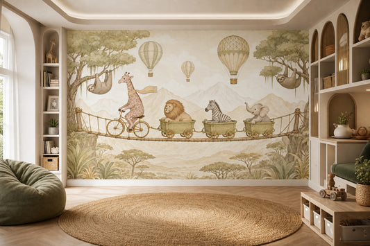 Whimsical Safari Wallpaper Storybook Watercolor Nursery Mural Removable Wall Decor
