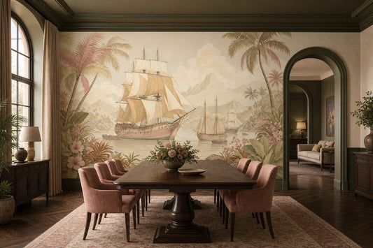 Tropical Landscape Wallpaper Vintage Maritime Sailing Ships Removable Wall Decor