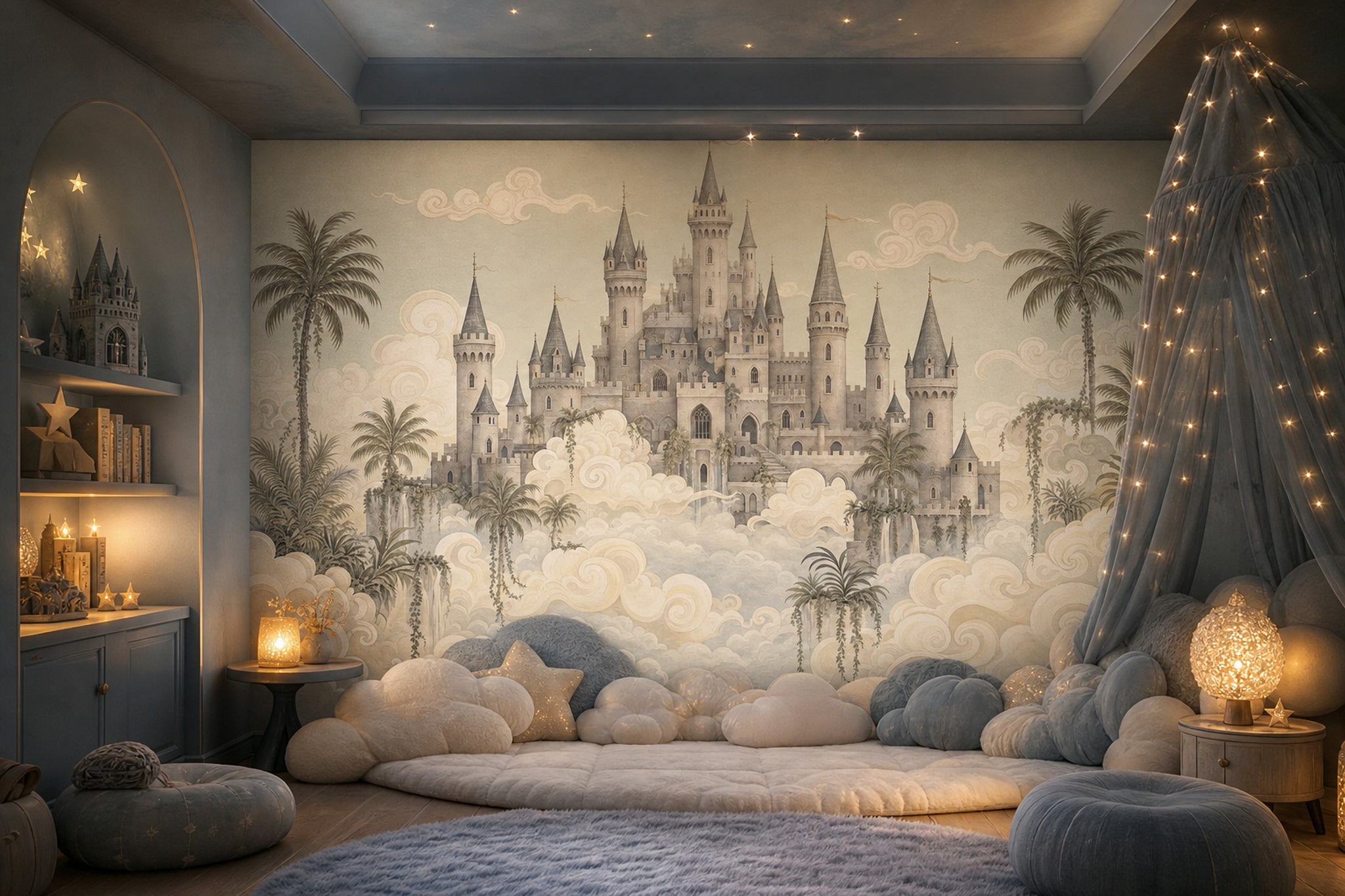 Fantasy Castle Wallpaper Floating Clouds Removable Storybook Landscape Wall Decor