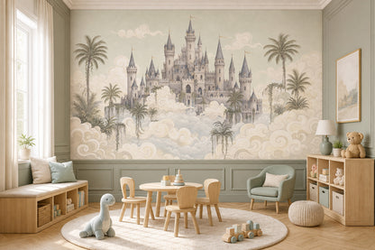 Fantasy Castle Wallpaper Floating Clouds Removable Storybook Landscape Wall Decor