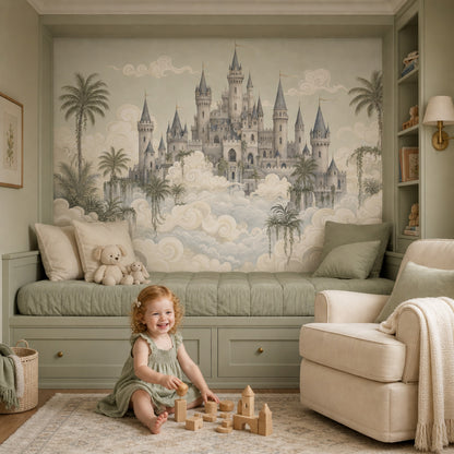 Fantasy Castle Wallpaper Floating Clouds Removable Storybook Landscape Wall Decor