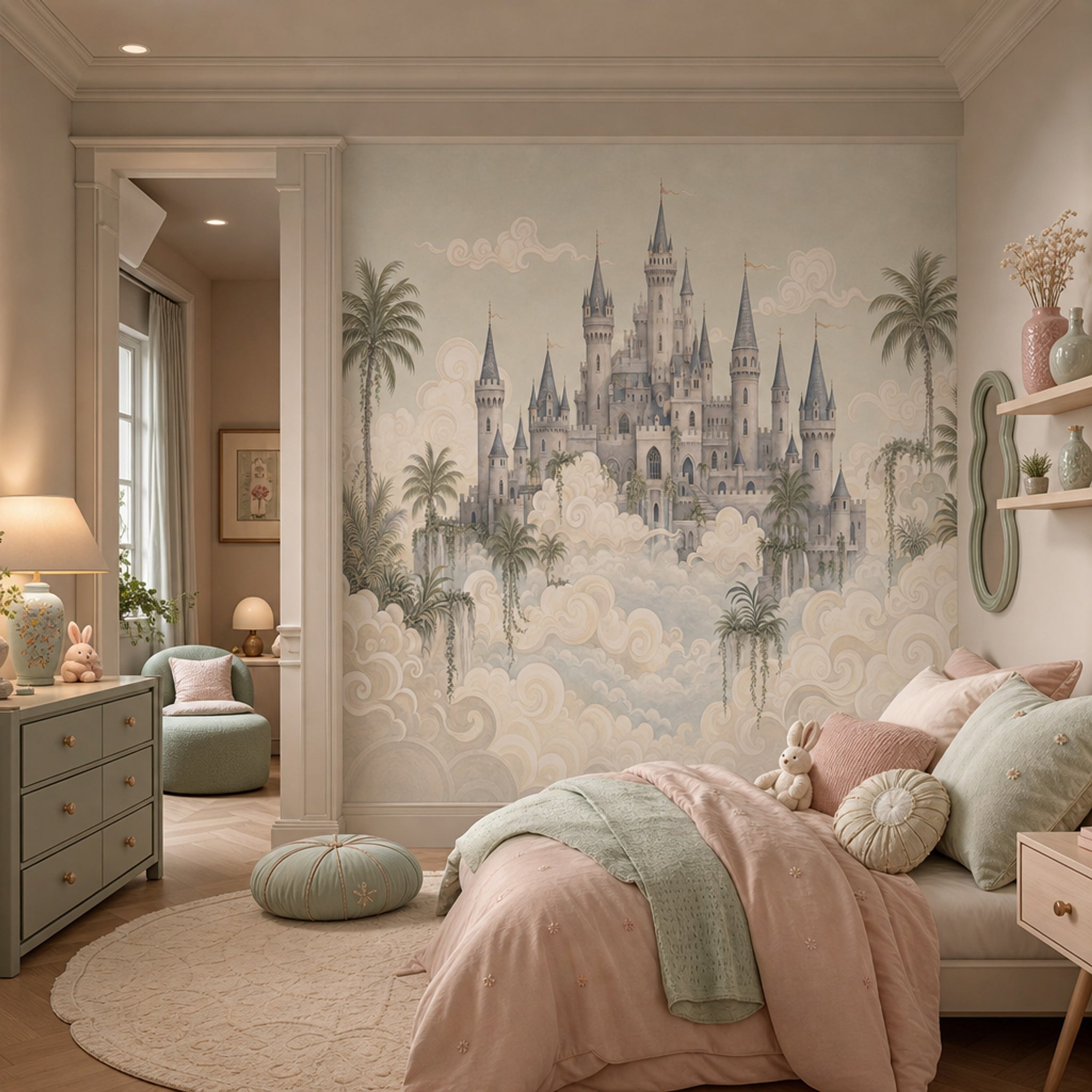 Fantasy Castle Wallpaper Floating Clouds Removable Storybook Landscape Wall Decor