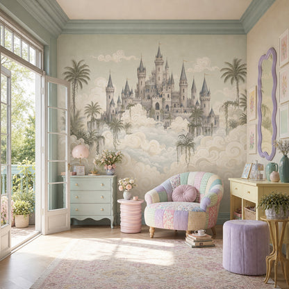 Fantasy Castle Wallpaper Floating Clouds Removable Storybook Landscape Wall Decor