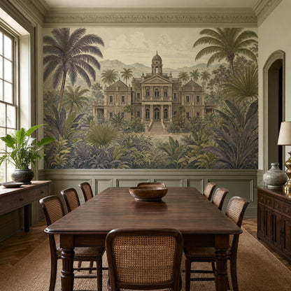 Muted Green Wallpaper Neoclassical Manor Tropical Landscape Wall Mural