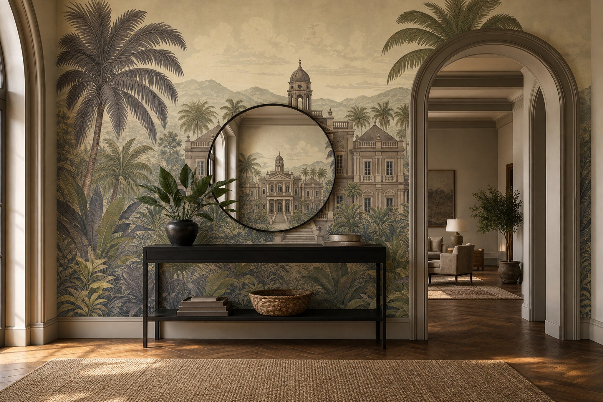 Muted Green Wallpaper Neoclassical Manor Tropical Landscape Wall Mural