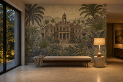 Muted Green Wallpaper Neoclassical Manor Tropical Landscape Wall Mural