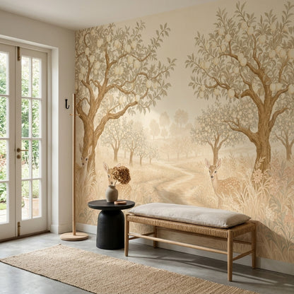 Pastoral Landscape Wallpaper Orchard Trees Fawns Removable Wall Decor
