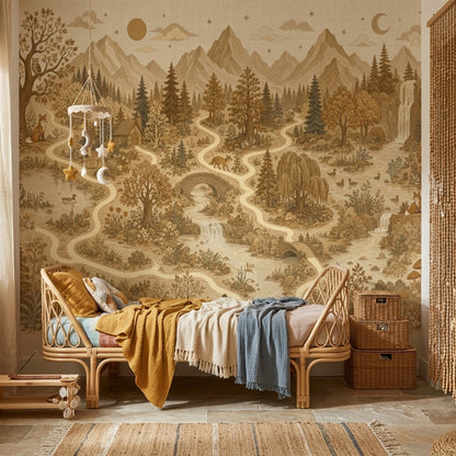 Vintage Woodland Landscape Wallpaper Sepia Beige Toile Mountains And Forest Wall Mural