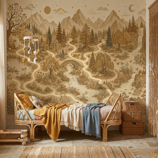 Vintage Woodland Landscape Wallpaper Sepia Beige Toile Mountains And Forest Wall Mural