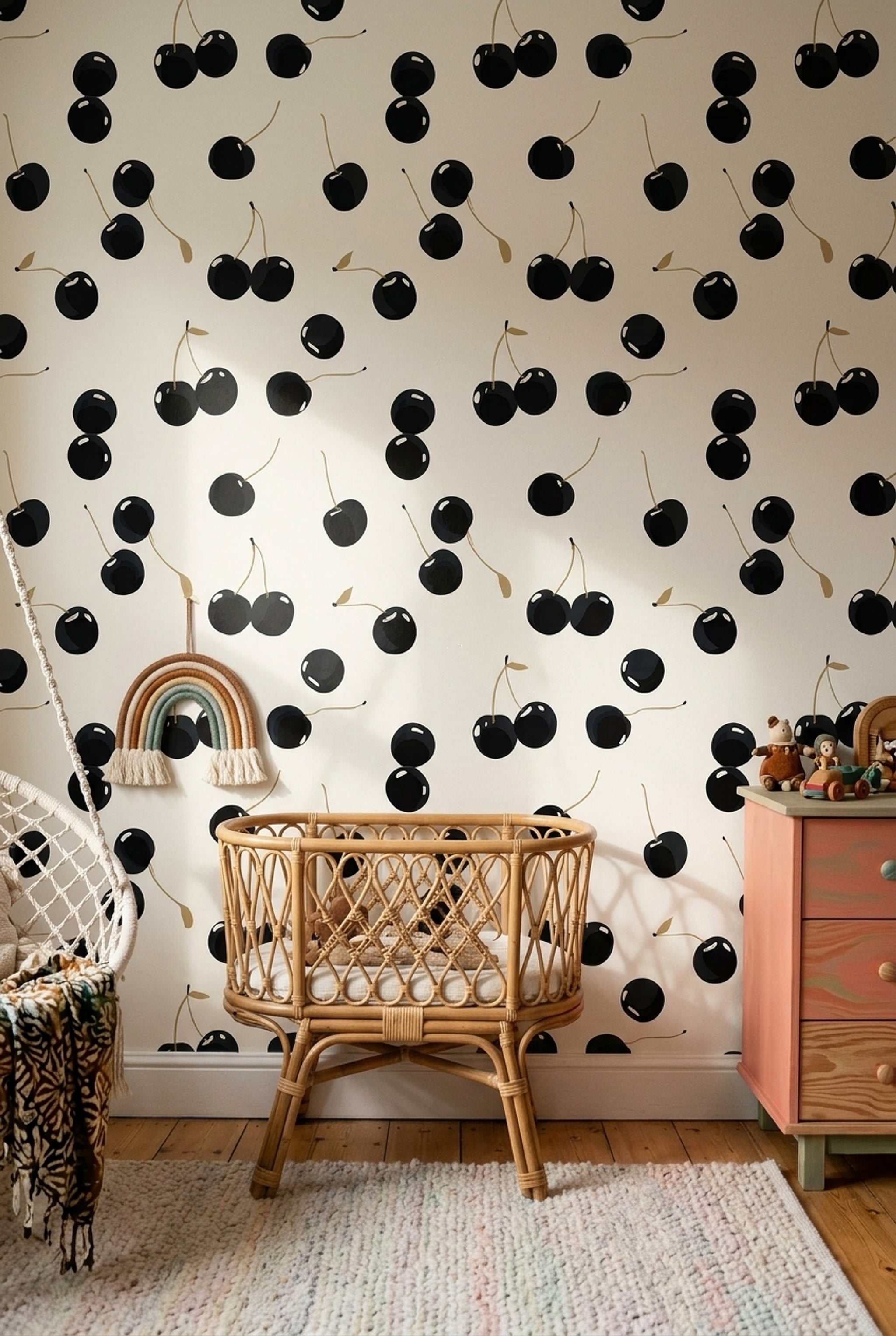 Cherries Wallpaper Black Fruit Cream Background Removable Wall Decor