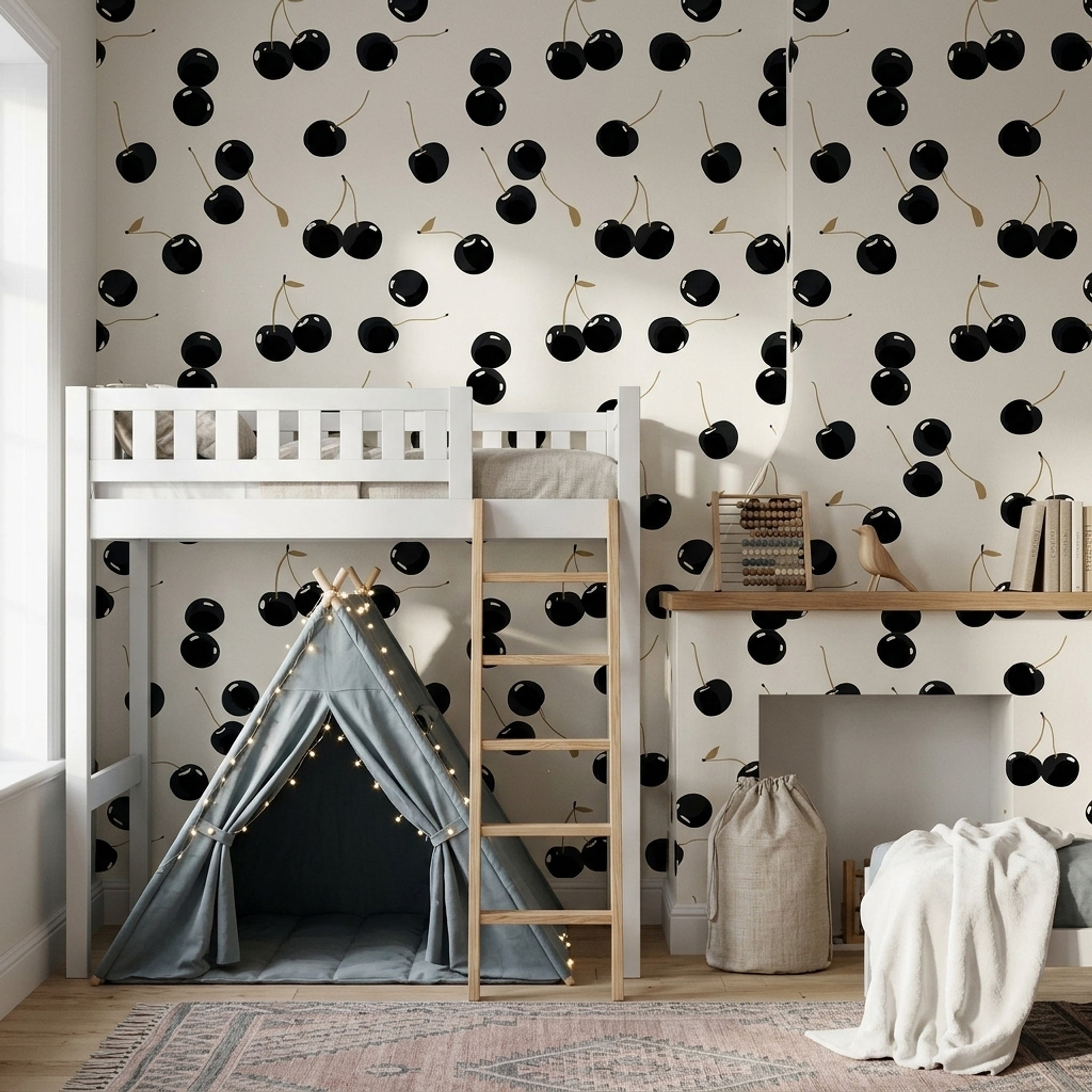 Cherries Wallpaper Black Fruit Cream Background Removable Wall Decor