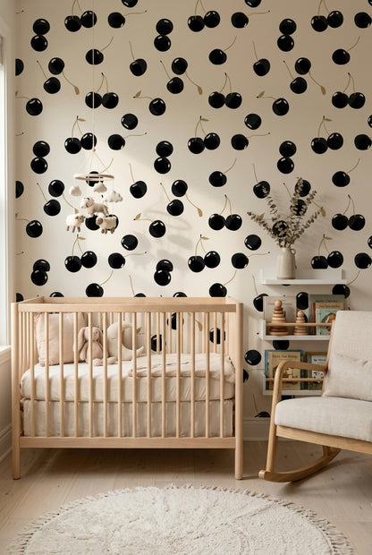 Cherries Wallpaper Black Fruit Cream Background Removable Wall Decor