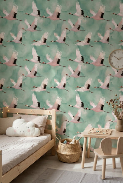 Cloudy Sky Wallpaper Watercolor Bird Decorative Mural