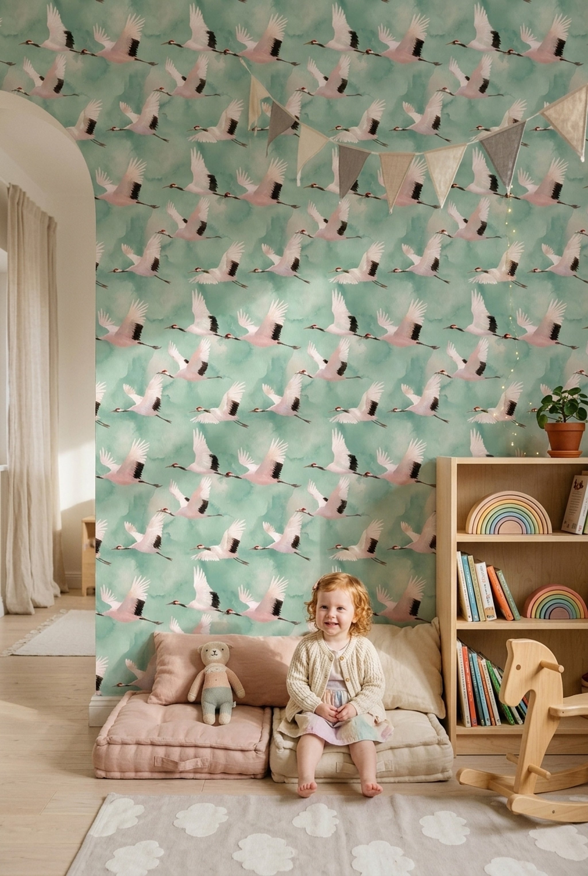 Cloudy Sky Wallpaper Watercolor Bird Decorative Mural