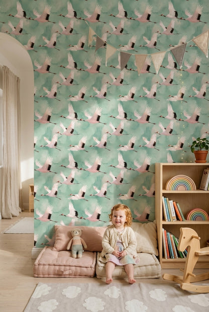 Cloudy Sky Wallpaper Watercolor Bird Decorative Mural