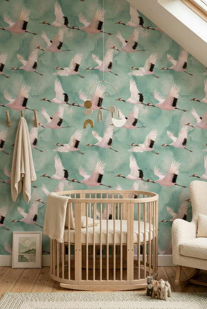 Cloudy Sky Wallpaper Watercolor Bird Decorative Mural