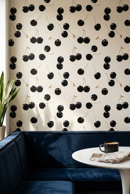 Cherries Wallpaper Black Fruit Cream Background Removable Wall Decor