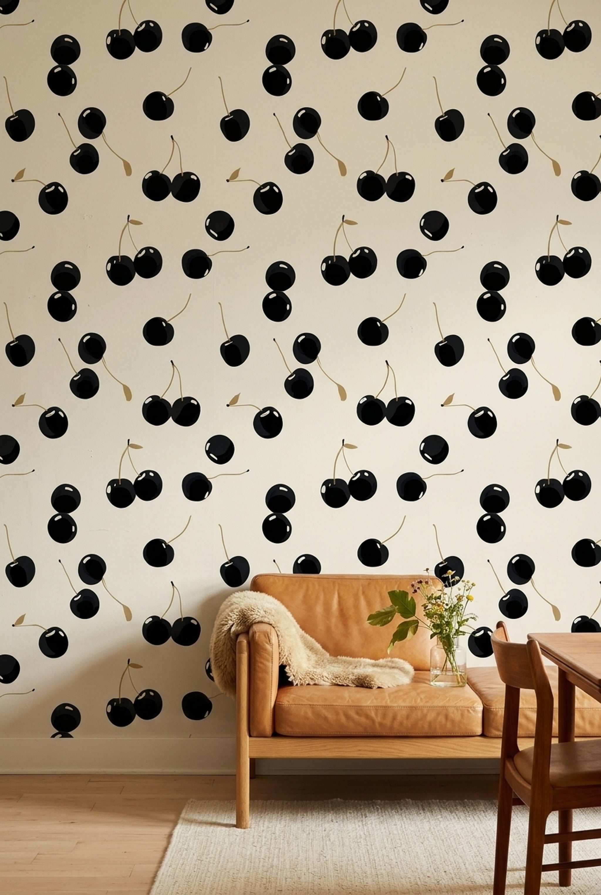 Cherries Wallpaper Black Fruit Cream Background Removable Wall Decor