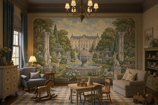 Chateau Garden Wallpaper Landscape Mural Vintage Illustration Removable Wall Decor